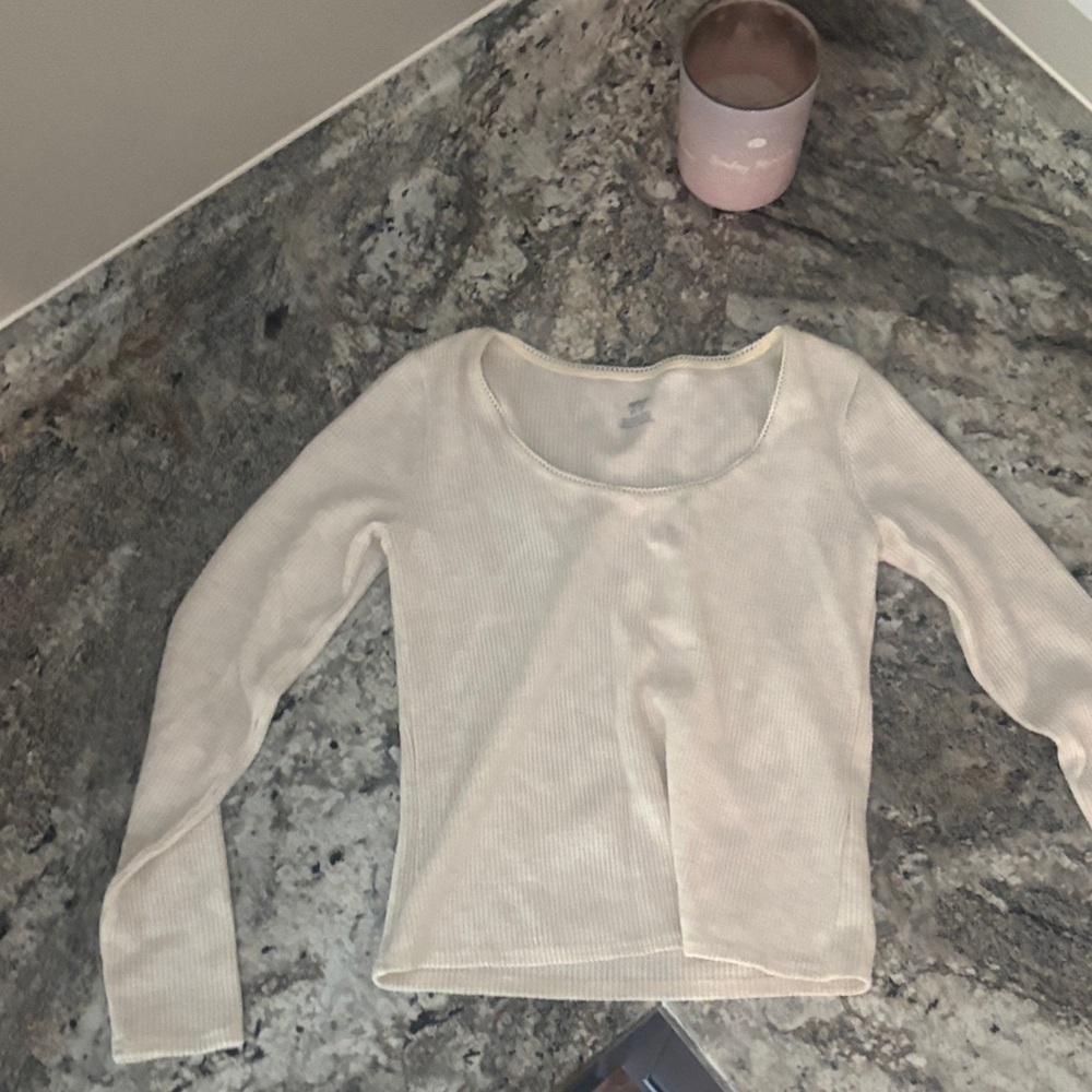 Aerie Off-White Ribbed Long Sleeve Top